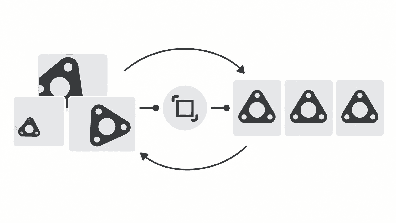 Inconsistently framed product images entering one processing step and leaving with consistent scale and composition